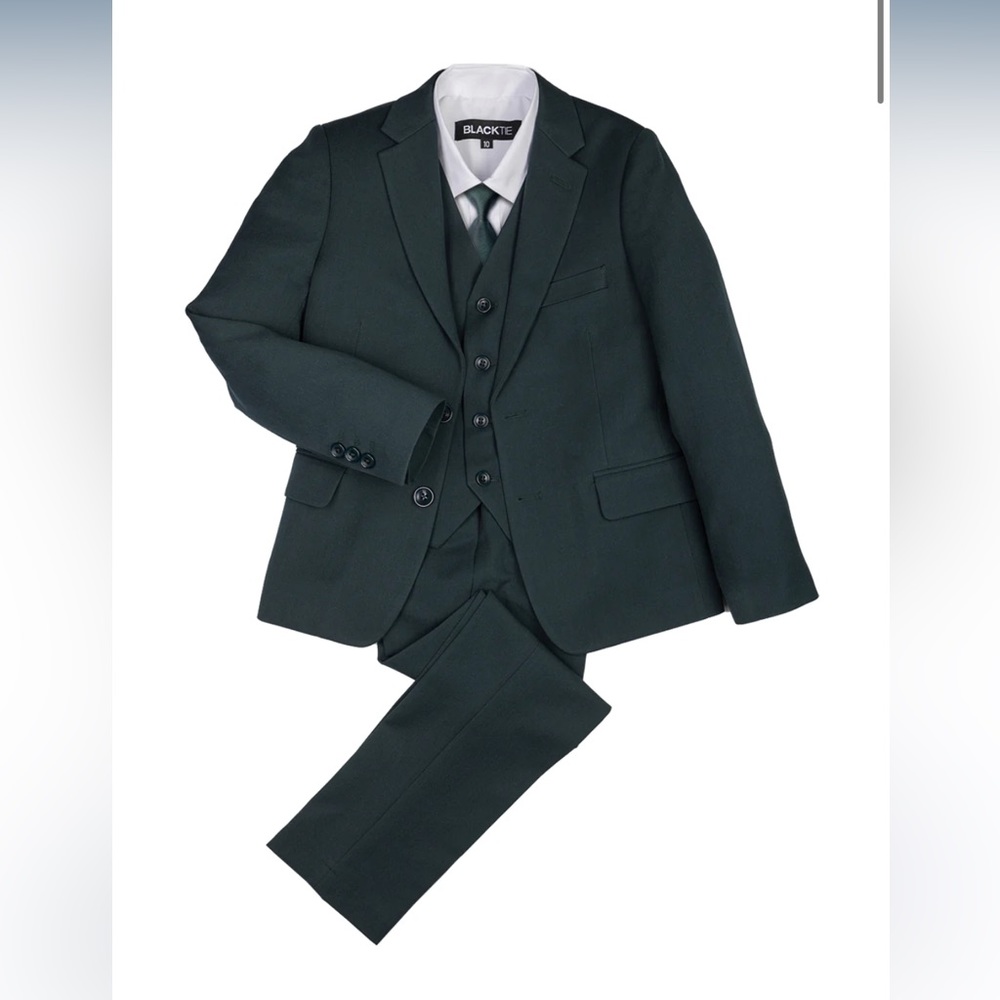 Slim fit kids suit. 4 pieces. Dark green Jacket, pants, vest and white button up